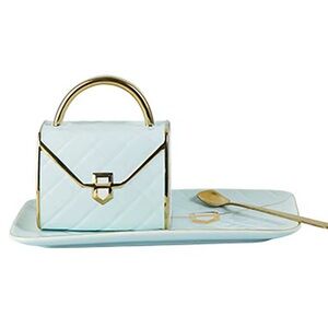 Light Blue Quilted Ceramic Purse Coffee Mug & Dish